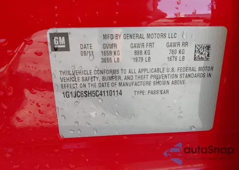 2012 Chevrolet Sonic 2Lt from USA, damaged, VIN 1G1JC6SH5C4110114